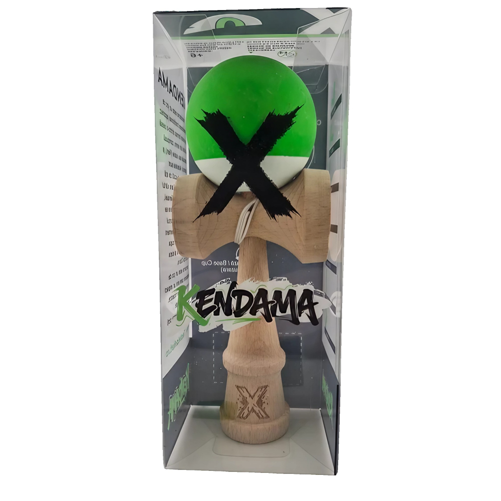 Kendama X Originala, Profesionala, din Lemn, Rubber Grip, 18 cm, Verde/Alb [3]