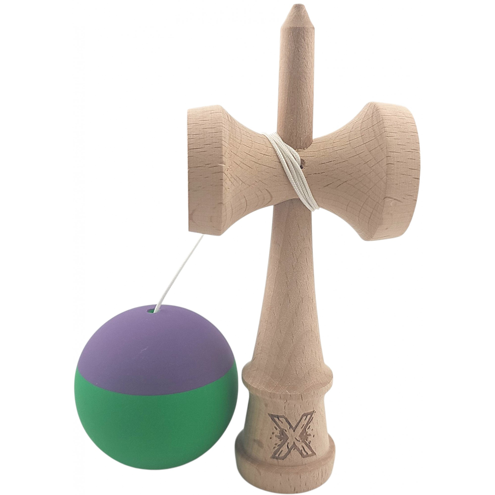 Kendama X Originala, Profesionala, din Lemn, Rubber Grip, 18 cm, Verde/Mov [2]