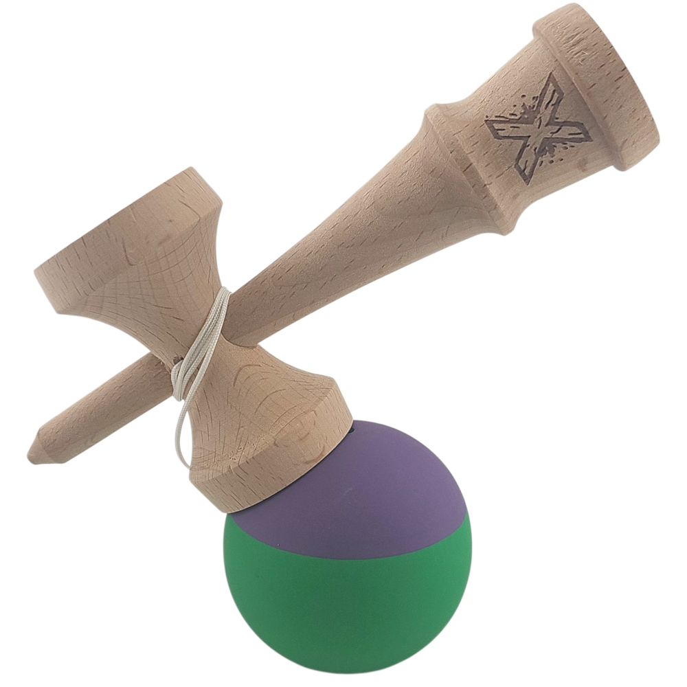 Kendama X Originala, Profesionala, din Lemn, Rubber Grip, 18 cm, Verde/Mov [3]