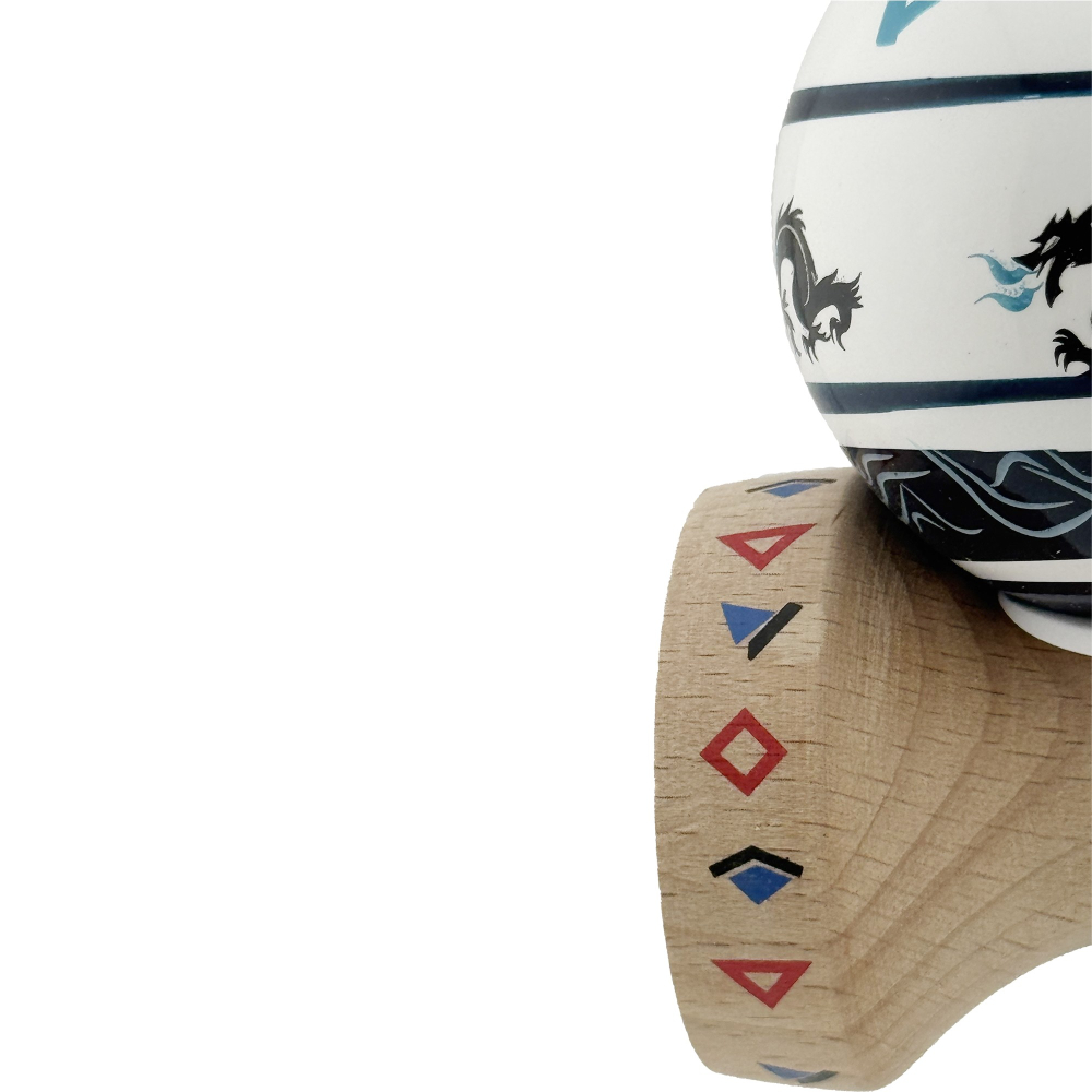 Kendama X Originala, Profesionala, DRAGON Series, Super Sticky cu Cupe Mari King Size V3, Rulment Metalic si Gaura in Baza, din Lemn 18 cm, Ata 62/65 cm, Albastru/Negru [8]