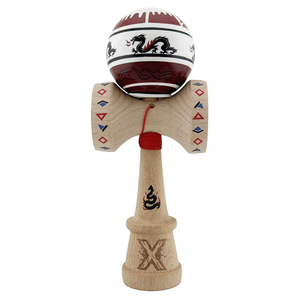 Kendama X Originala, Profesionala, DRAGON Series, Super Sticky cu Cupe Mari King Size V3, Rulment Metalic si Gaura in Baza, din Lemn 18 cm, Ata 62/65 cm, Alb/Rosu inchis [2]