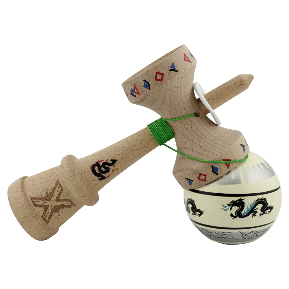 Kendama X Originala, Profesionala, DRAGON Series, Super Sticky cu Cupe Mari King Size V3, Rulment Metalic si Gaura in Baza, din Lemn 18 cm, Ata 62/65 cm, Gri/Verde deschis [5]