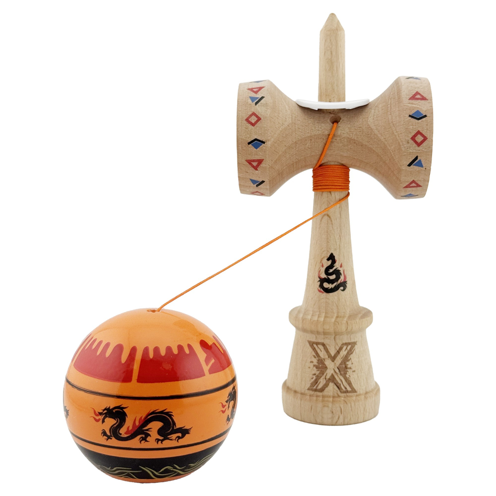 Kendama X Originala, Profesionala, DRAGON Series, Super Sticky cu Cupe Mari King Size V3, Rulment Metalic si Gaura in Baza, din Lemn 18 cm, Ata 62/65 cm, Portocaliu/Negru [4]