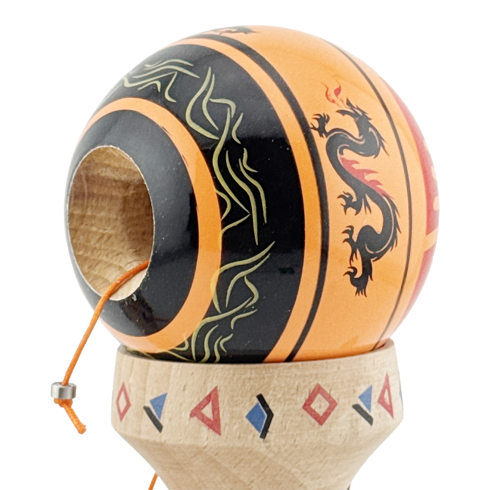 Kendama X Originala, Profesionala, DRAGON Series, Super Sticky cu Cupe Mari King Size V3, Rulment Metalic si Gaura in Baza, din Lemn 18 cm, Ata 62/65 cm, Portocaliu/Negru [7]