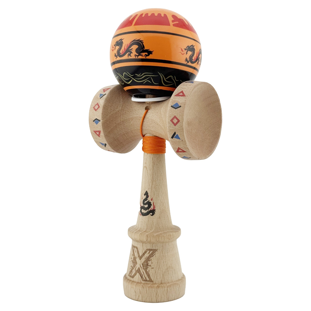 Kendama X Originala, Profesionala, DRAGON Series, Super Sticky cu Cupe Mari King Size V3, Rulment Metalic si Gaura in Baza, din Lemn 18 cm, Ata 62/65 cm, Portocaliu/Negru [3]