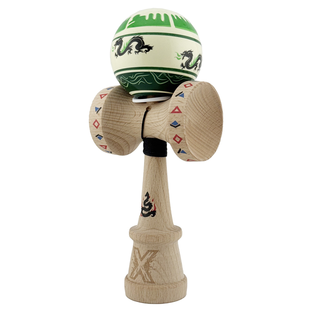 Kendama X Originala, Profesionala, DRAGON Series, Super Sticky cu Cupe Mari King Size V3, Rulment Metalic si Gaura in Baza, din Lemn 18 cm, Ata 62/65 cm, Verde deschis/Negru [3]