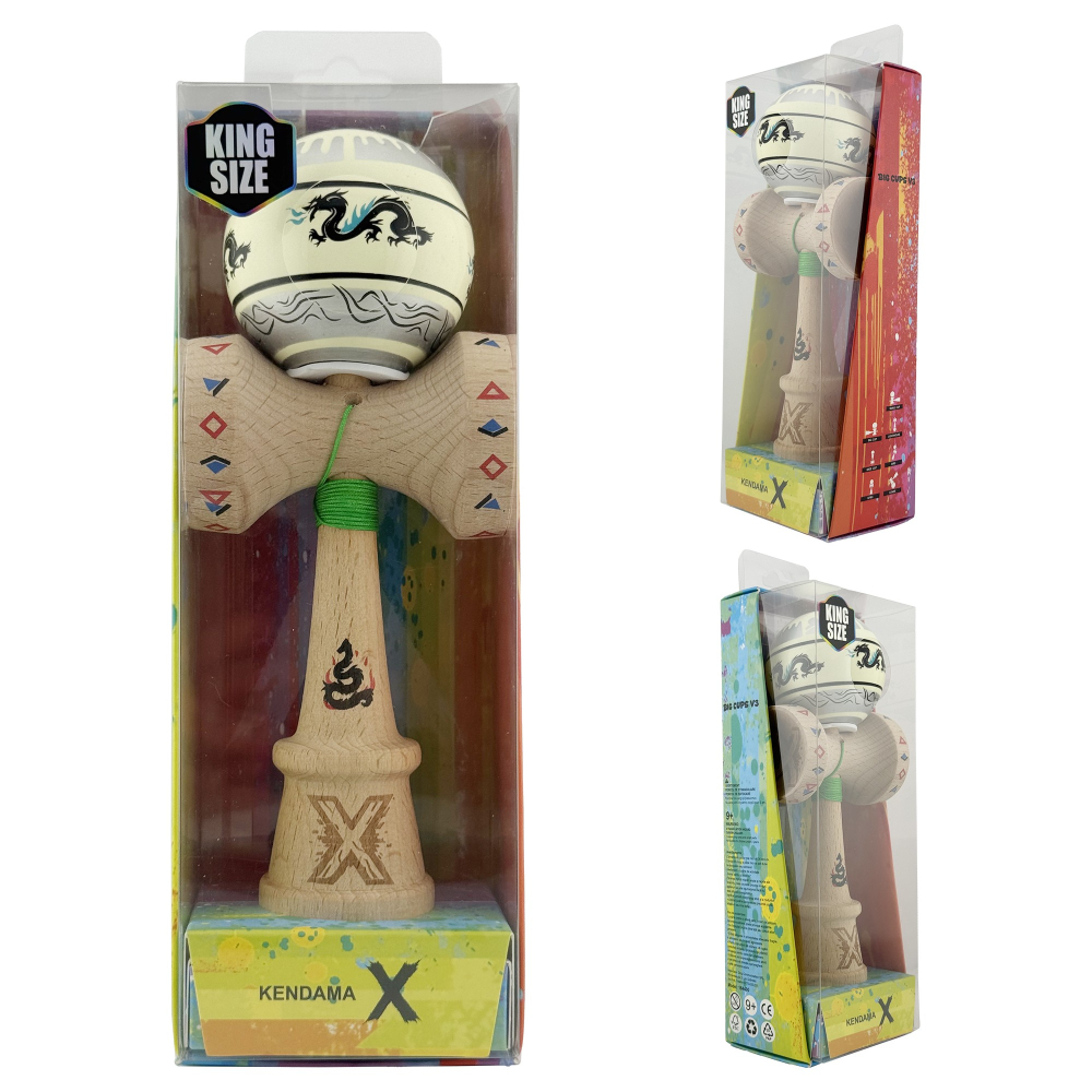 Kendama X Originala, Profesionala, DRAGON Series, Super Sticky cu Cupe Mari King Size V3, Rulment Metalic si Gaura in Baza, din Lemn 18 cm, Ata 62/65 cm, Gri/Verde deschis [6]