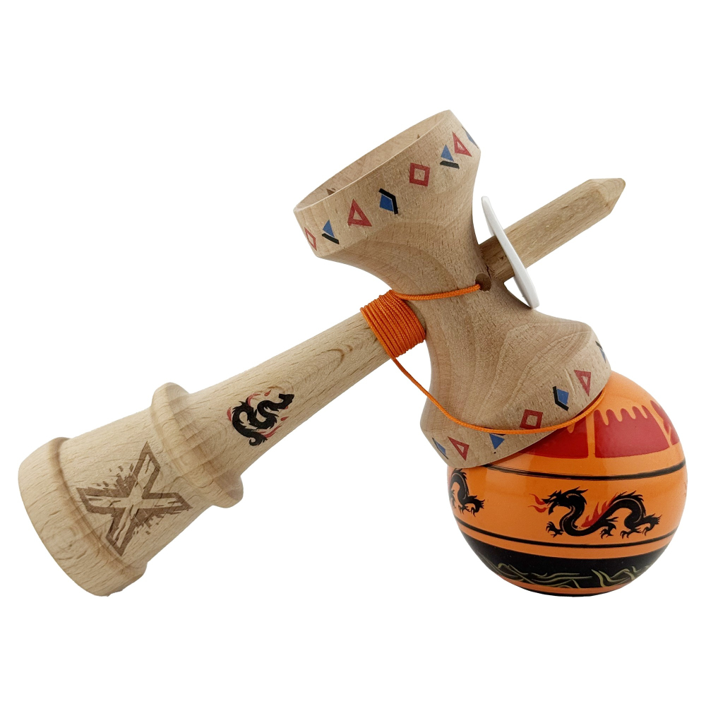 Kendama X Originala, Profesionala, DRAGON Series, Super Sticky cu Cupe Mari King Size V3, Rulment Metalic si Gaura in Baza, din Lemn 18 cm, Ata 62/65 cm, Portocaliu/Negru [5]