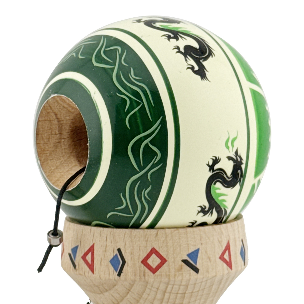 Kendama X Originala, Profesionala, DRAGON Series, Super Sticky cu Cupe Mari King Size V3, Rulment Metalic si Gaura in Baza, din Lemn 18 cm, Ata 62/65 cm, Verde deschis/Negru [7]