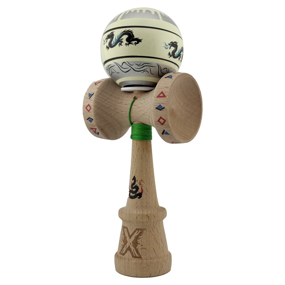 Kendama X Originala, Profesionala, DRAGON Series, Super Sticky cu Cupe Mari King Size V3, Rulment Metalic si Gaura in Baza, din Lemn 18 cm, Ata 62/65 cm, Gri/Verde deschis [3]