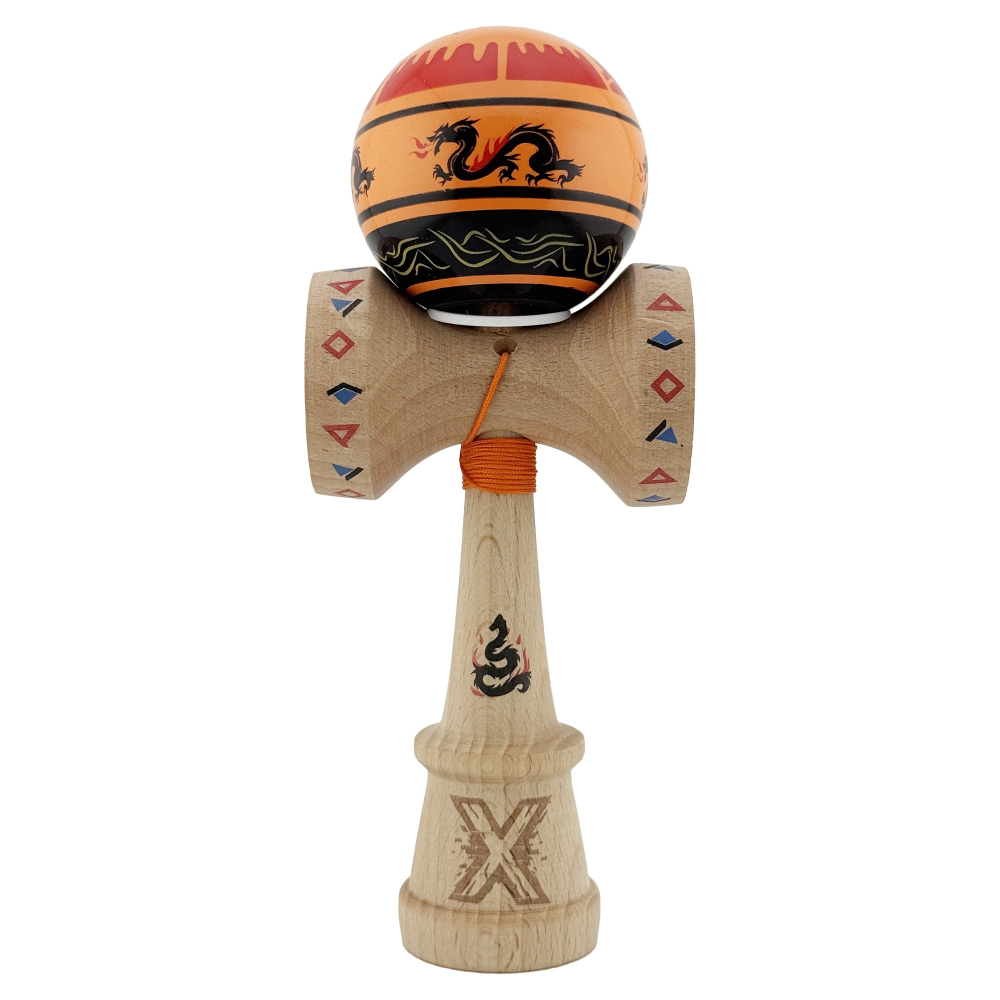Kendama X Originala, Profesionala, DRAGON Series, Super Sticky cu Cupe Mari King Size V3, Rulment Metalic si Gaura in Baza, din Lemn 18 cm, Ata 62/65 cm, Portocaliu/Negru [2]