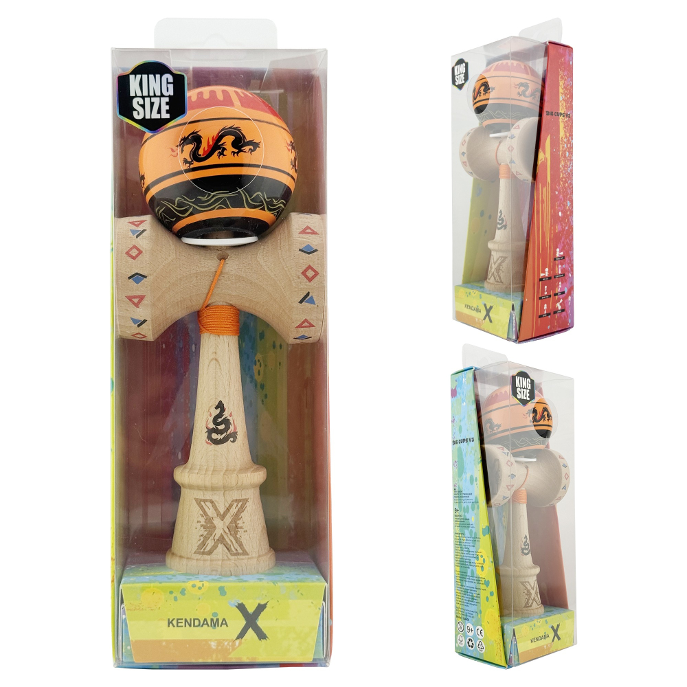 Kendama X Originala, Profesionala, DRAGON Series, Super Sticky cu Cupe Mari King Size V3, Rulment Metalic si Gaura in Baza, din Lemn 18 cm, Ata 62/65 cm, Portocaliu/Negru [6]