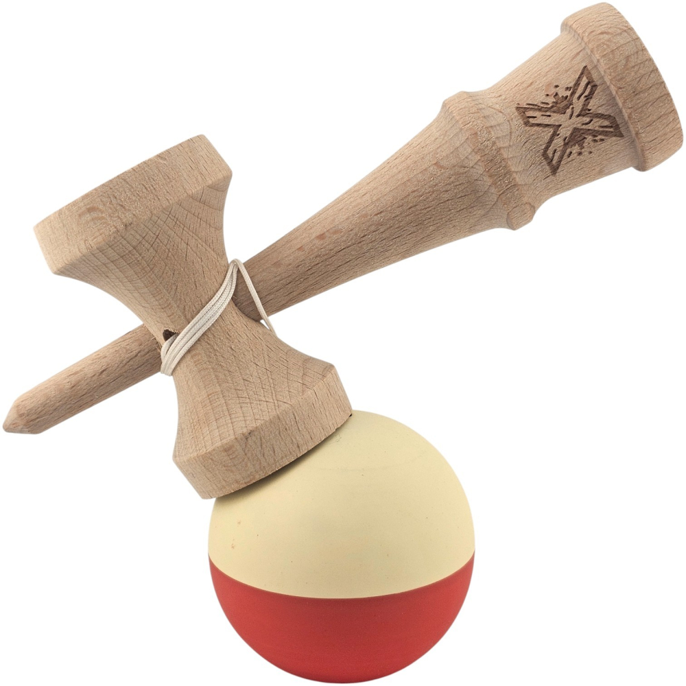 Kendama X Originala, Profesionala, Rubber Grip, din Lemn, 18 cm, Galben deschis/Rosu [4]
