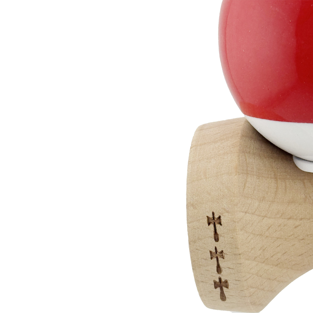 Kendama X Originala, Profesionala, Super Sticky cu Cupe Mari KING SIZE V3, Gaura in Baza, Rulment Metalic, din lemn 18 cm, Ata 62/65 cm, Bicolor Rosu/Alb [8]