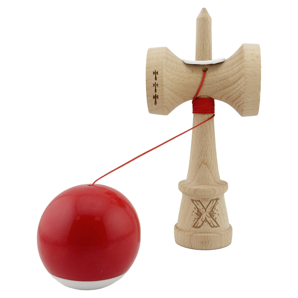 Kendama X Originala, Profesionala, Super Sticky cu Cupe Mari KING SIZE V3, Gaura in Baza, Rulment Metalic, din lemn 18 cm, Ata 62/65 cm, Bicolor Rosu/Alb [4]