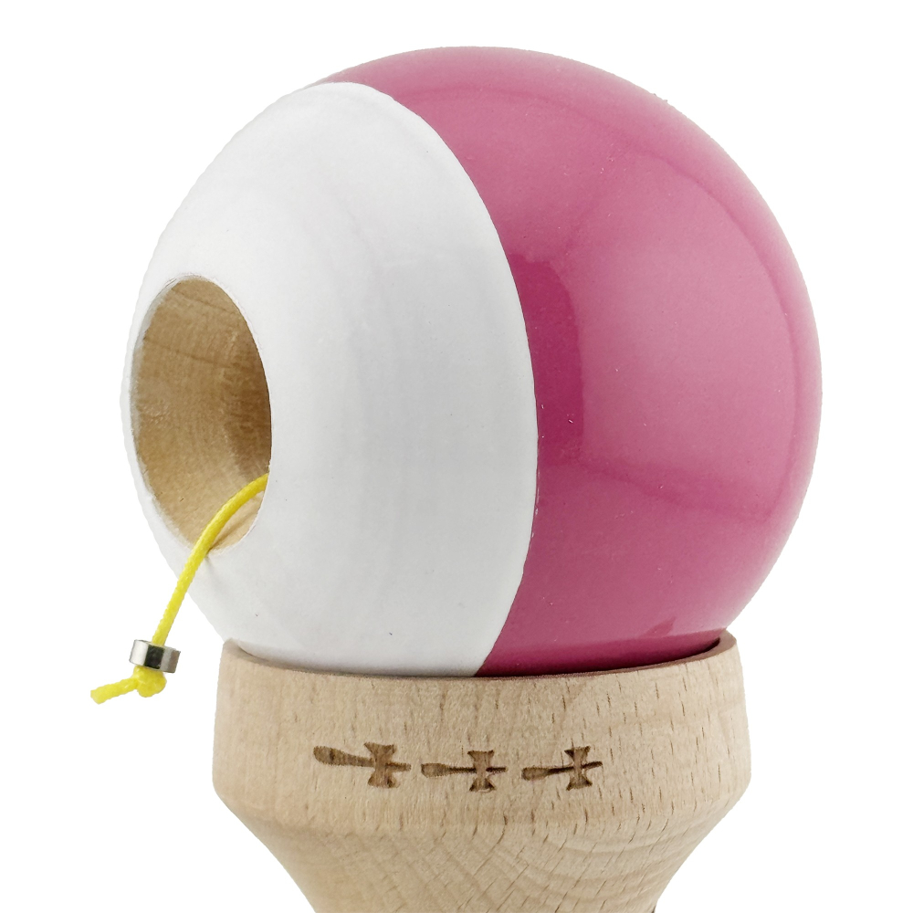 Kendama X Originala, Profesionala, Super Sticky cu Cupe Mari KING SIZE V3, Gaura in Baza, Rulment Metalic, din lemn 18 cm, Ata 62/65 cm, Bicolor Roz inchis/Alb [7]