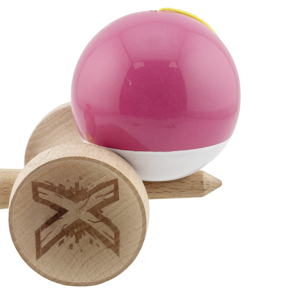 Kendama X Originala, Profesionala, Super Sticky cu Cupe Mari KING SIZE V3, Gaura in Baza, Rulment Metalic, din lemn 18 cm, Ata 62/65 cm, Bicolor Roz inchis/Alb [9]