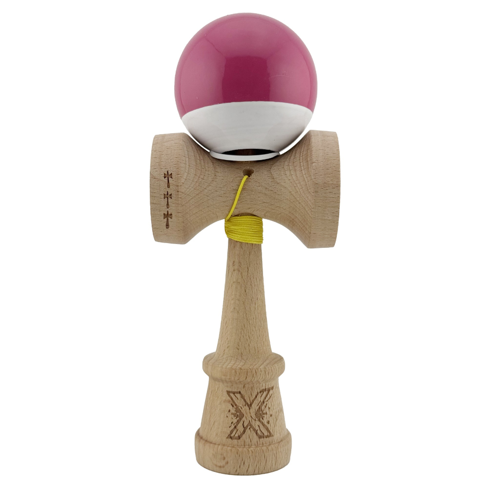 Kendama X Originala, Profesionala, Super Sticky cu Cupe Mari KING SIZE V3, Gaura in Baza, Rulment Metalic, din lemn 18 cm, Ata 62/65 cm, Bicolor Roz inchis/Alb [2]