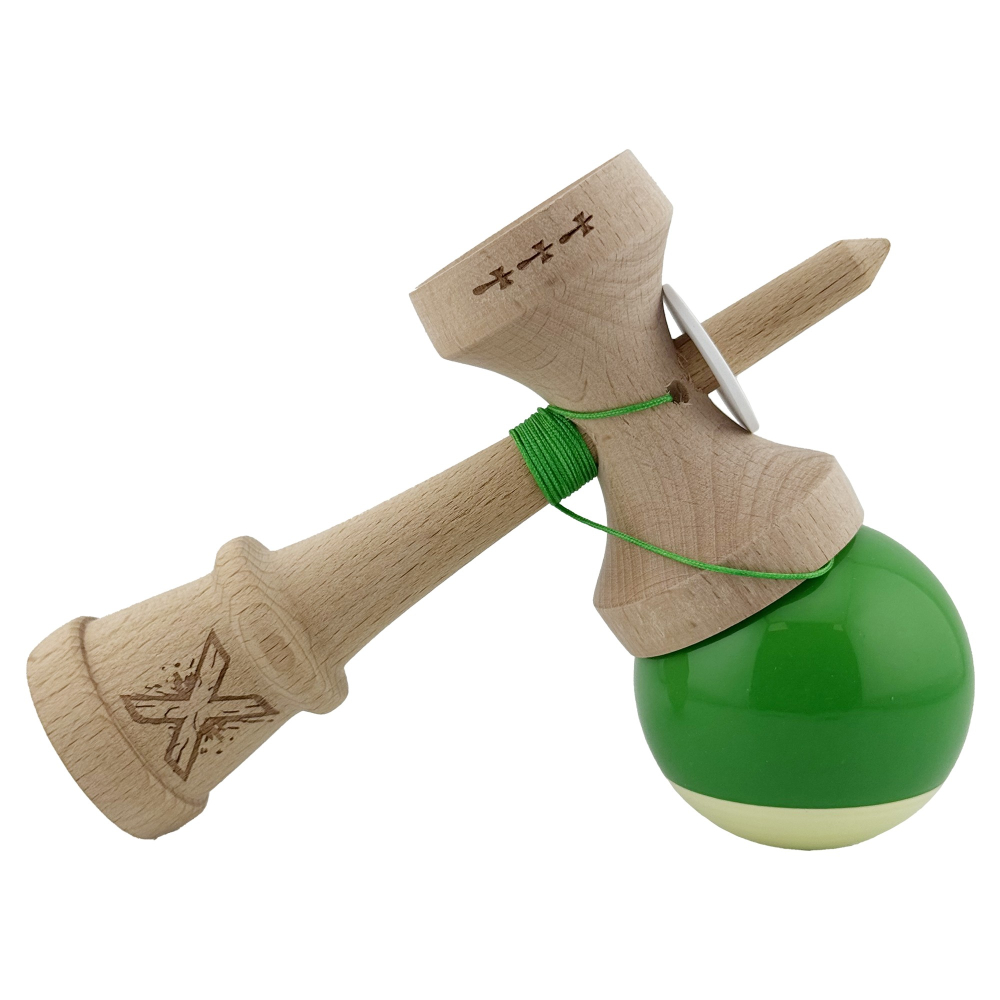 Kendama X Originala, Profesionala, Super Sticky cu Cupe Mari KING SIZE V3, Gaura in Baza, Rulment Metalic, din lemn 18 cm, Ata 62/65 cm, Bicolor Verde/Alb [5]