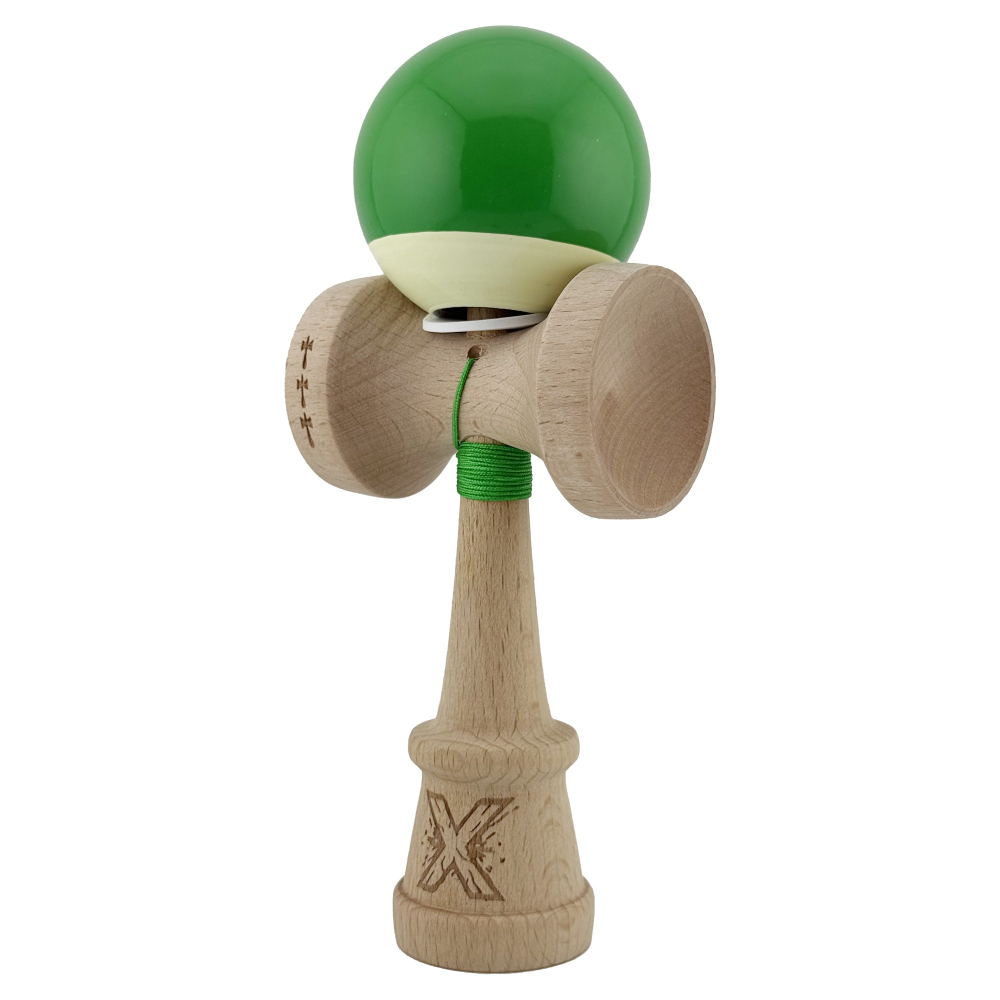 Kendama X Originala, Profesionala, Super Sticky cu Cupe Mari KING SIZE V3, Gaura in Baza, Rulment Metalic, din lemn 18 cm, Ata 62/65 cm, Bicolor Verde/Alb [3]