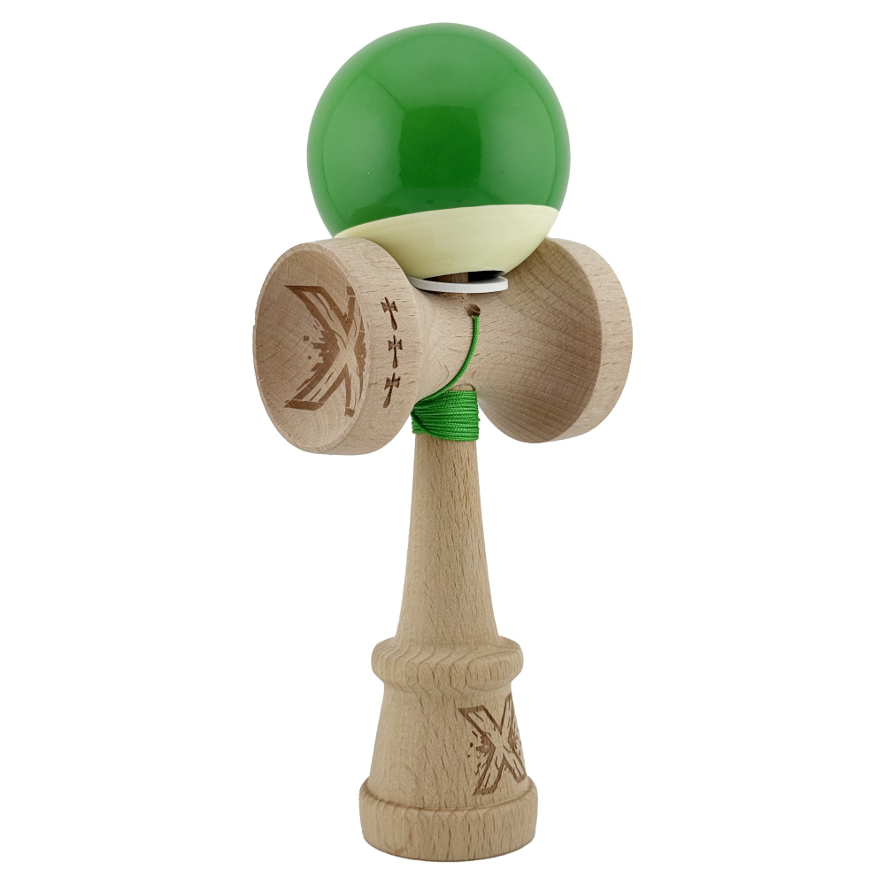 Kendama X Originala, Profesionala, Super Sticky cu Cupe Mari KING SIZE V3, Gaura in Baza, Rulment Metalic, din lemn 18 cm, Ata 62/65 cm, Bicolor Verde/Alb [1]