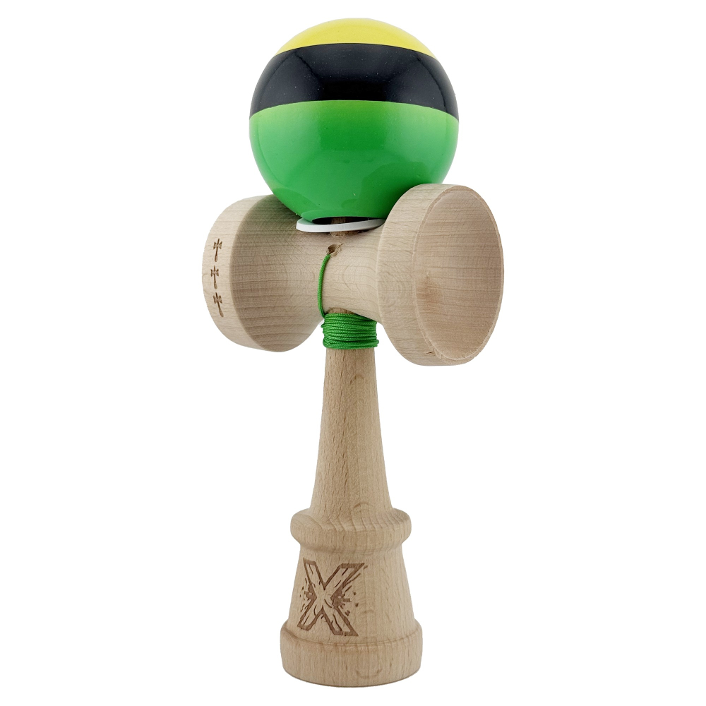 Kendama X Originala, Profesionala, Super Sticky cu Cupe Mari KING SIZE V3, Gaura in Baza, Rulment Metalic, din lemn 18 cm, Ata 62/65 cm, Galben/Negru/Verde [3]