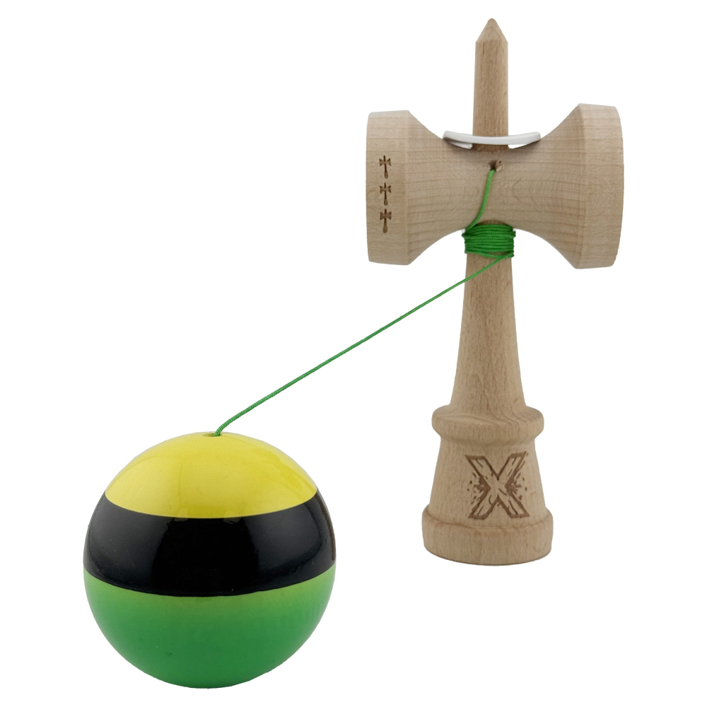 Kendama X Originala, Profesionala, Super Sticky cu Cupe Mari KING SIZE V3, Gaura in Baza, Rulment Metalic, din lemn 18 cm, Ata 62/65 cm, Galben/Negru/Verde [4]