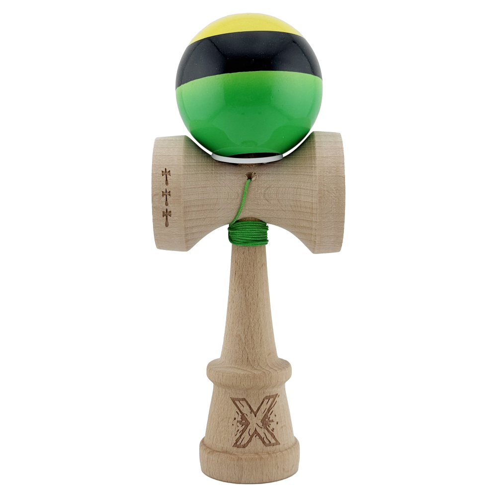 Kendama X Originala, Profesionala, Super Sticky cu Cupe Mari KING SIZE V3, Gaura in Baza, Rulment Metalic, din lemn 18 cm, Ata 62/65 cm, Galben/Negru/Verde [2]