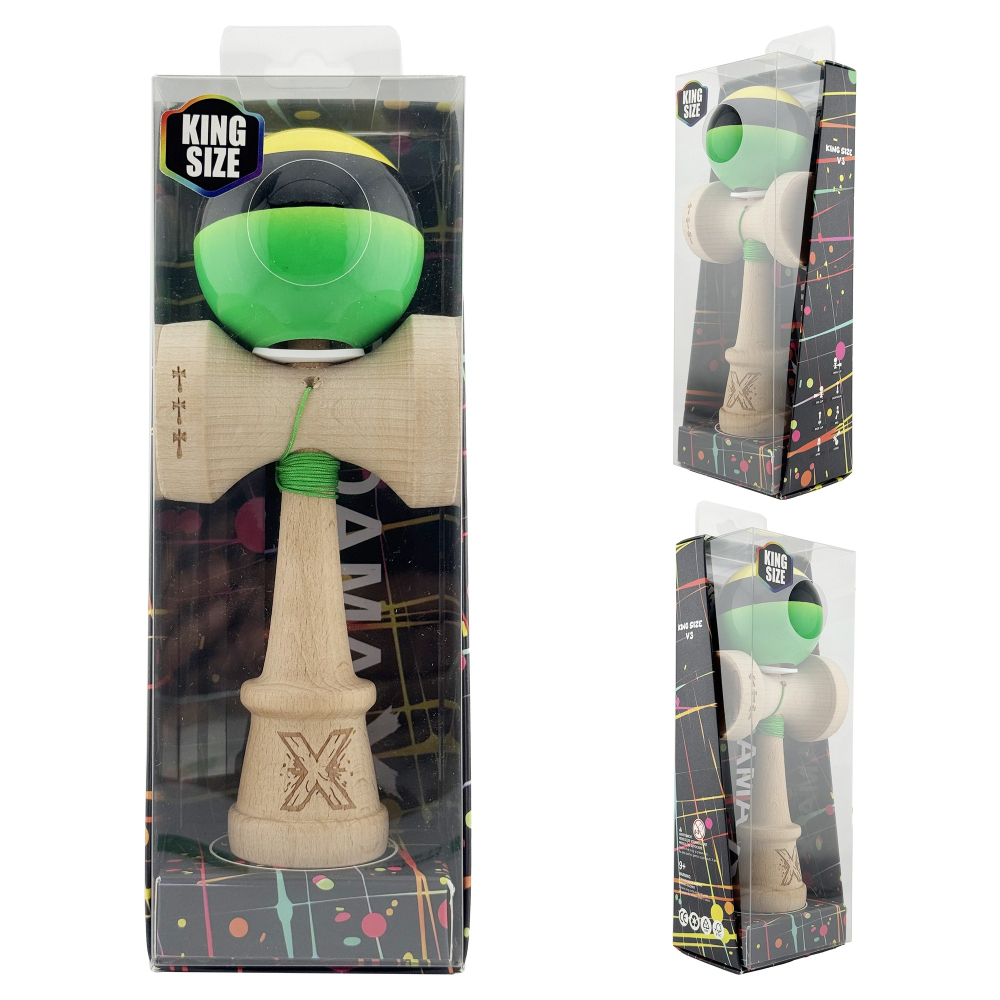 Kendama X Originala, Profesionala, Super Sticky cu Cupe Mari KING SIZE V3, Gaura in Baza, Rulment Metalic, din lemn 18 cm, Ata 62/65 cm, Galben/Negru/Verde [6]