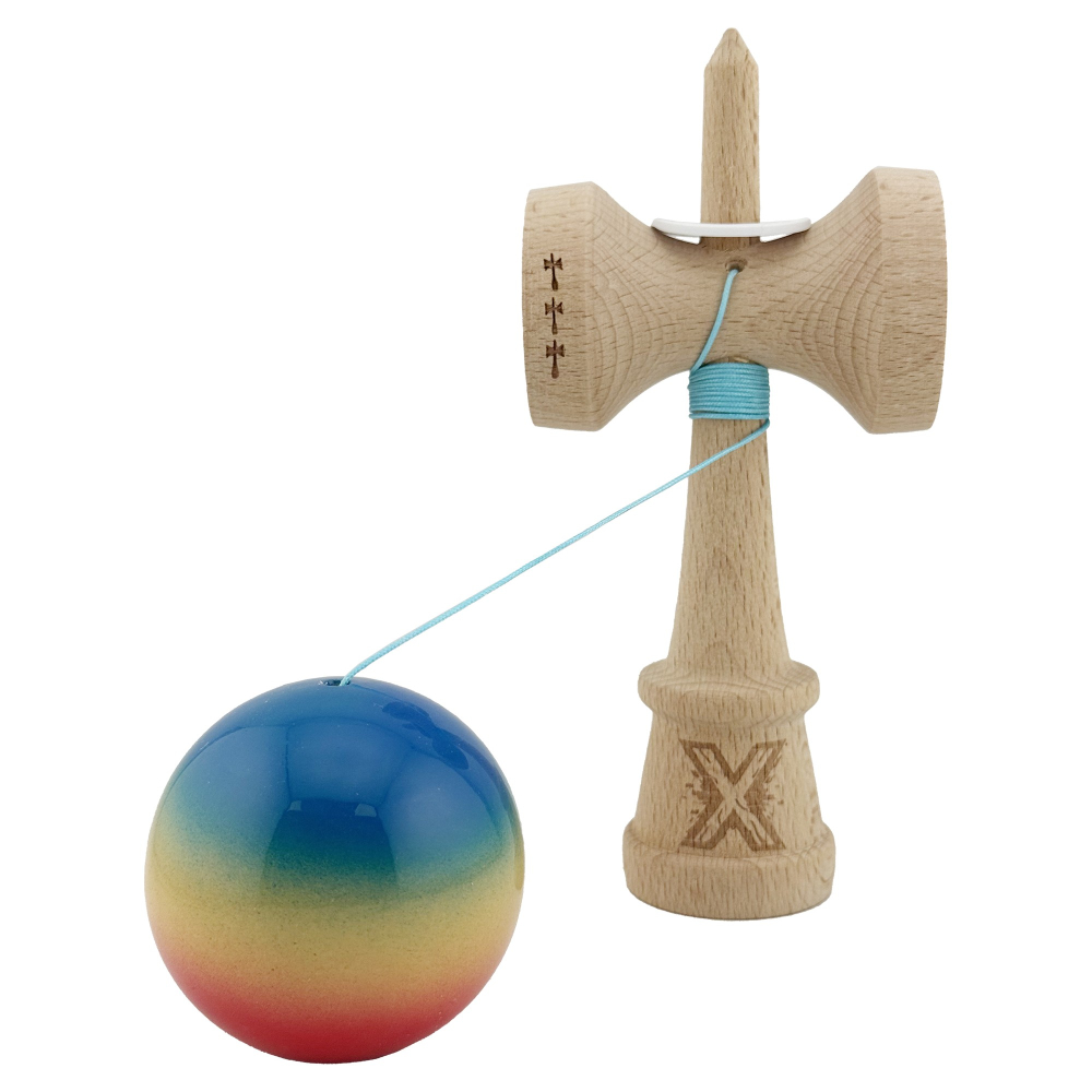Kendama X Originala, Profesionala, Super Sticky cu Cupe Mari KING SIZE V3, Gaura in Baza, Rulment Metalic, din lemn 18 cm, Ata 62/65 cm, Gradient Albastru/Galben/Rosu [4]