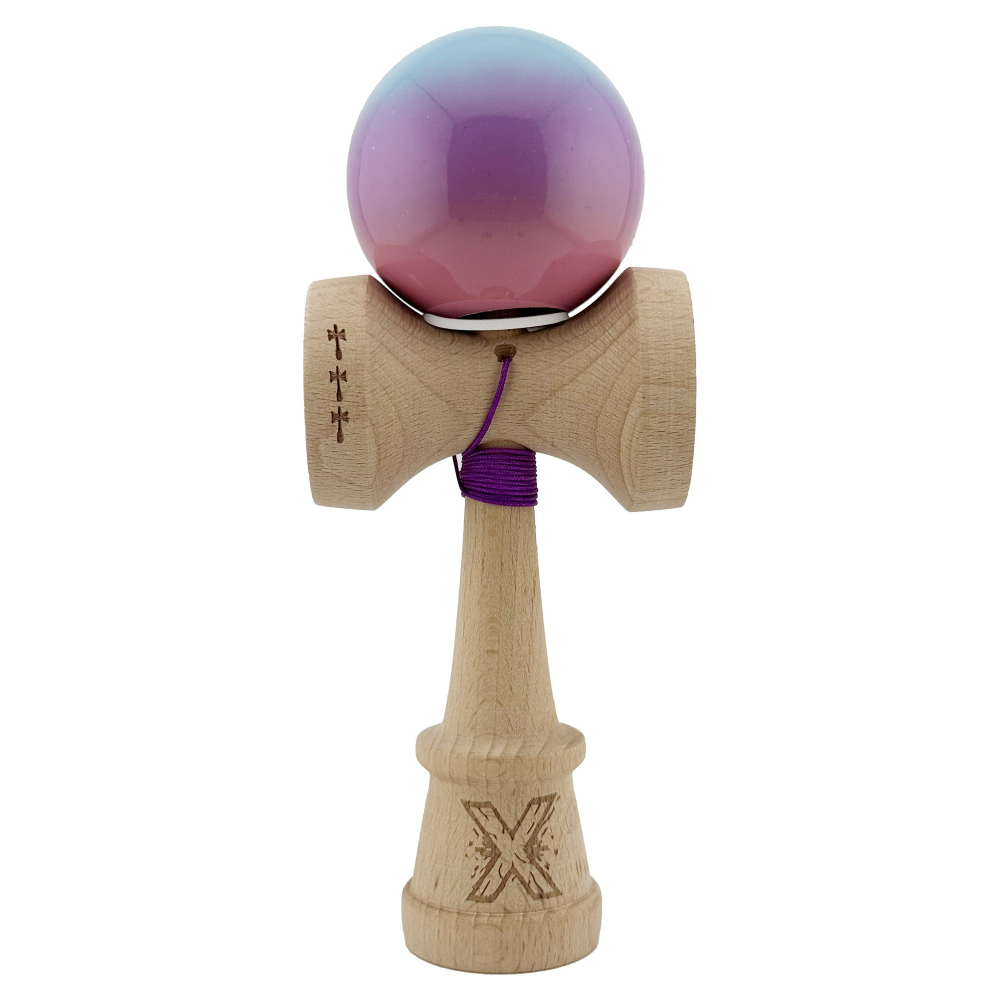 Kendama X Originala, Profesionala, Super Sticky cu Cupe Mari KING SIZE V3, Gaura in Baza, Rulment Metalic, din lemn 18 cm, Ata 62/65 cm, Gradient Albastru/Mov/Roz [2]