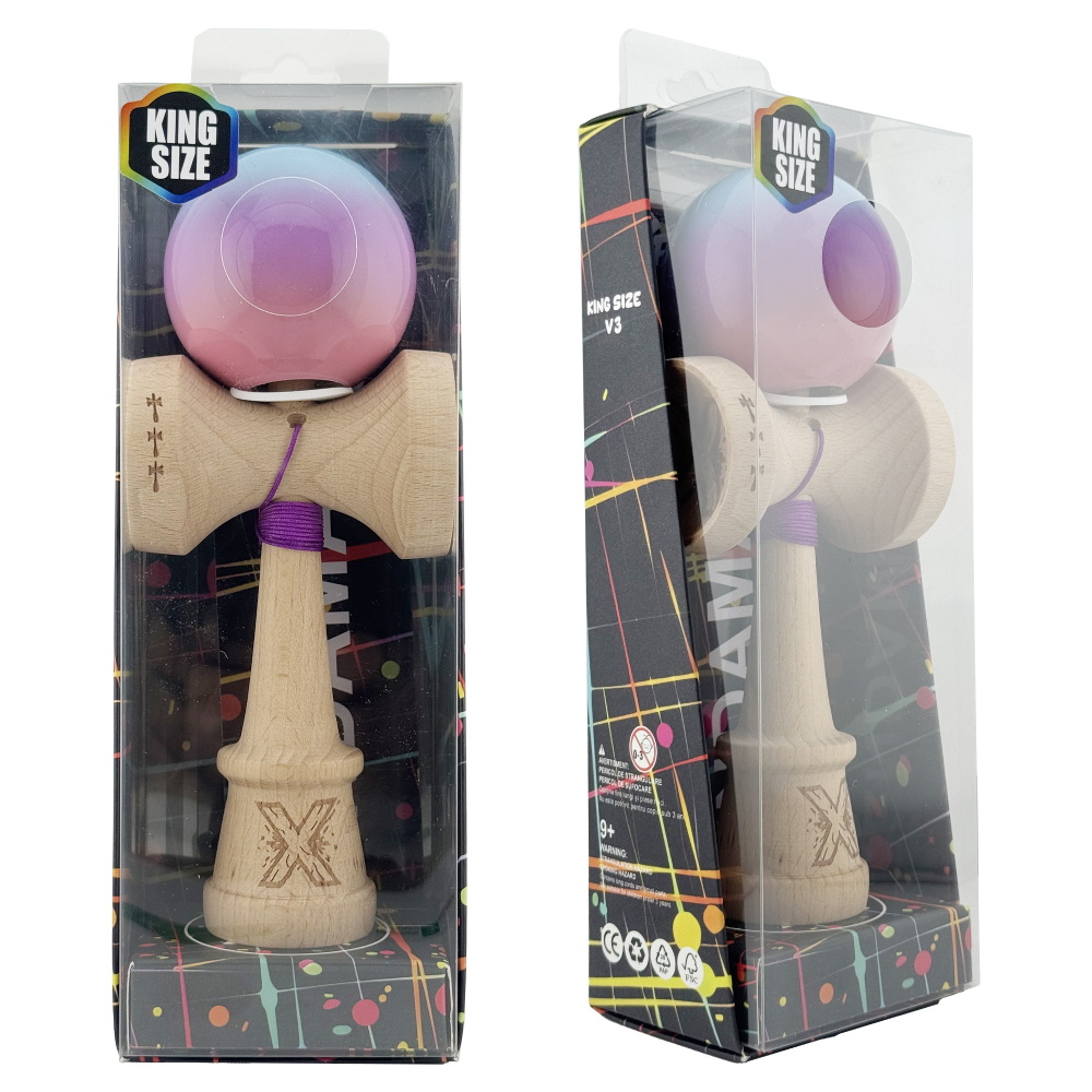Kendama X Originala, Profesionala, Super Sticky cu Cupe Mari KING SIZE V3, Gaura in Baza, Rulment Metalic, din lemn 18 cm, Ata 62/65 cm, Gradient Albastru/Mov/Roz [6]