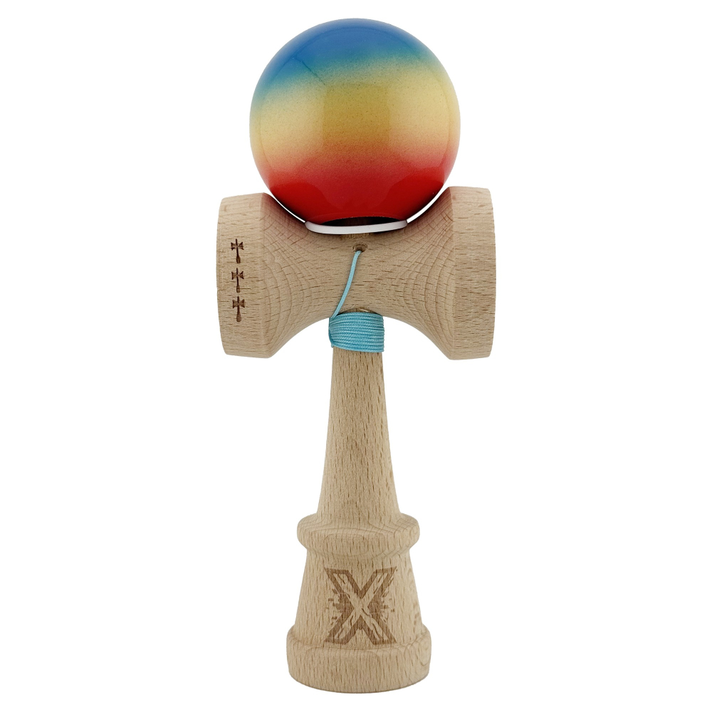 Kendama X Originala, Profesionala, Super Sticky cu Cupe Mari KING SIZE V3, Gaura in Baza, Rulment Metalic, din lemn 18 cm, Ata 62/65 cm, Gradient Albastru/Galben/Rosu [2]