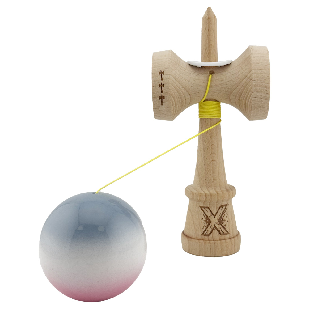 Kendama X Originala, Profesionala, Super Sticky cu Cupe Mari KING SIZE V3, Gaura in Baza, Rulment Metalic, din lemn 18 cm, Ata 62/65 cm, Gradient Gri/Alb/Roz [4]
