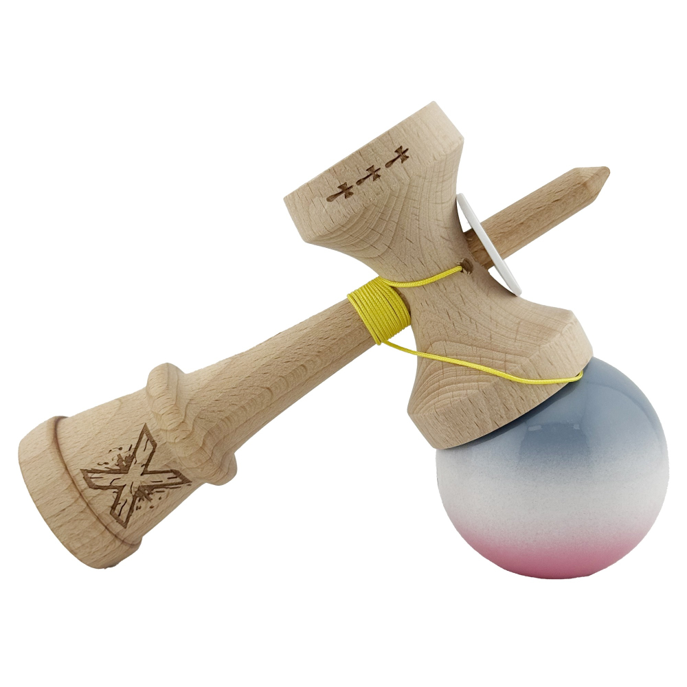 Kendama X Originala, Profesionala, Super Sticky cu Cupe Mari KING SIZE V3, Gaura in Baza, Rulment Metalic, din lemn 18 cm, Ata 62/65 cm, Gradient Gri/Alb/Roz [5]