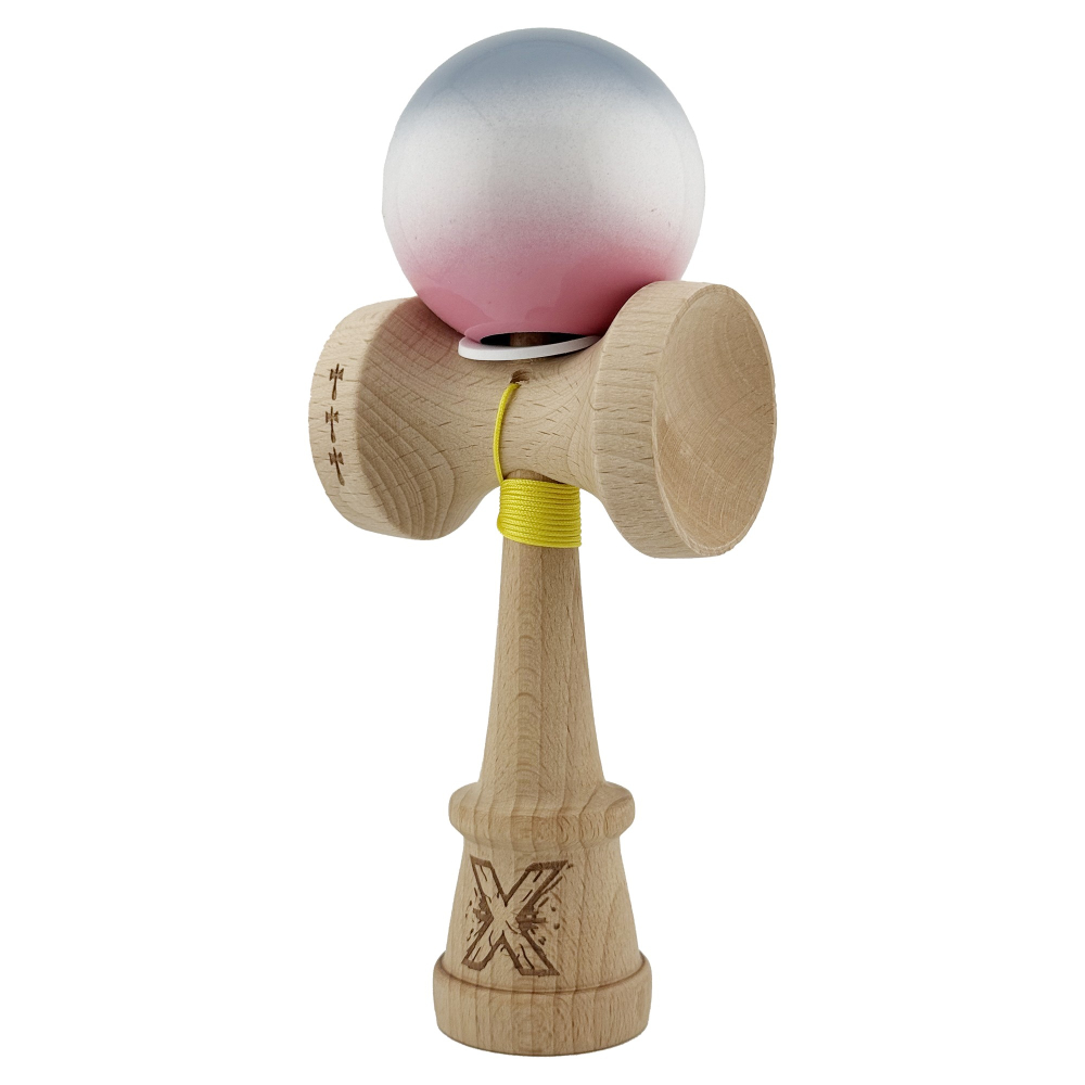 Kendama X Originala, Profesionala, Super Sticky cu Cupe Mari KING SIZE V3, Gaura in Baza, Rulment Metalic, din lemn 18 cm, Ata 62/65 cm, Gradient Gri/Alb/Roz [3]
