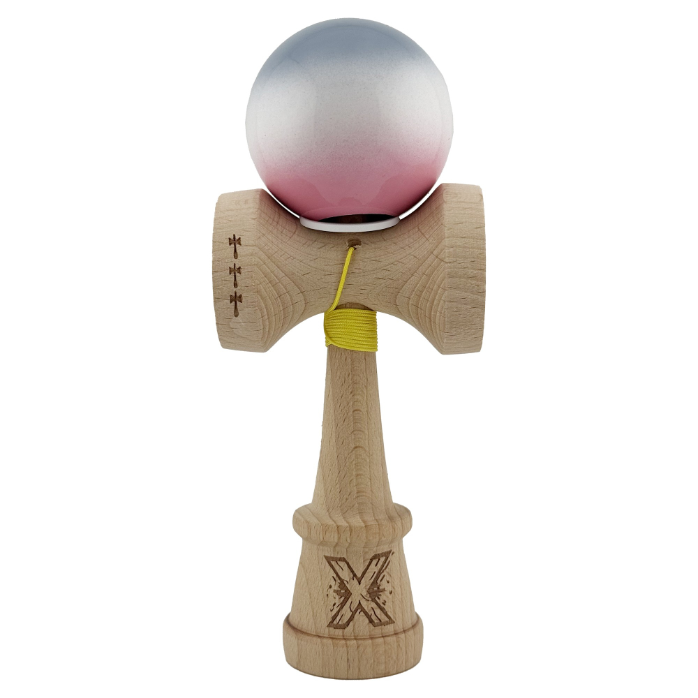 Kendama X Originala, Profesionala, Super Sticky cu Cupe Mari KING SIZE V3, Gaura in Baza, Rulment Metalic, din lemn 18 cm, Ata 62/65 cm, Gradient Gri/Alb/Roz [2]