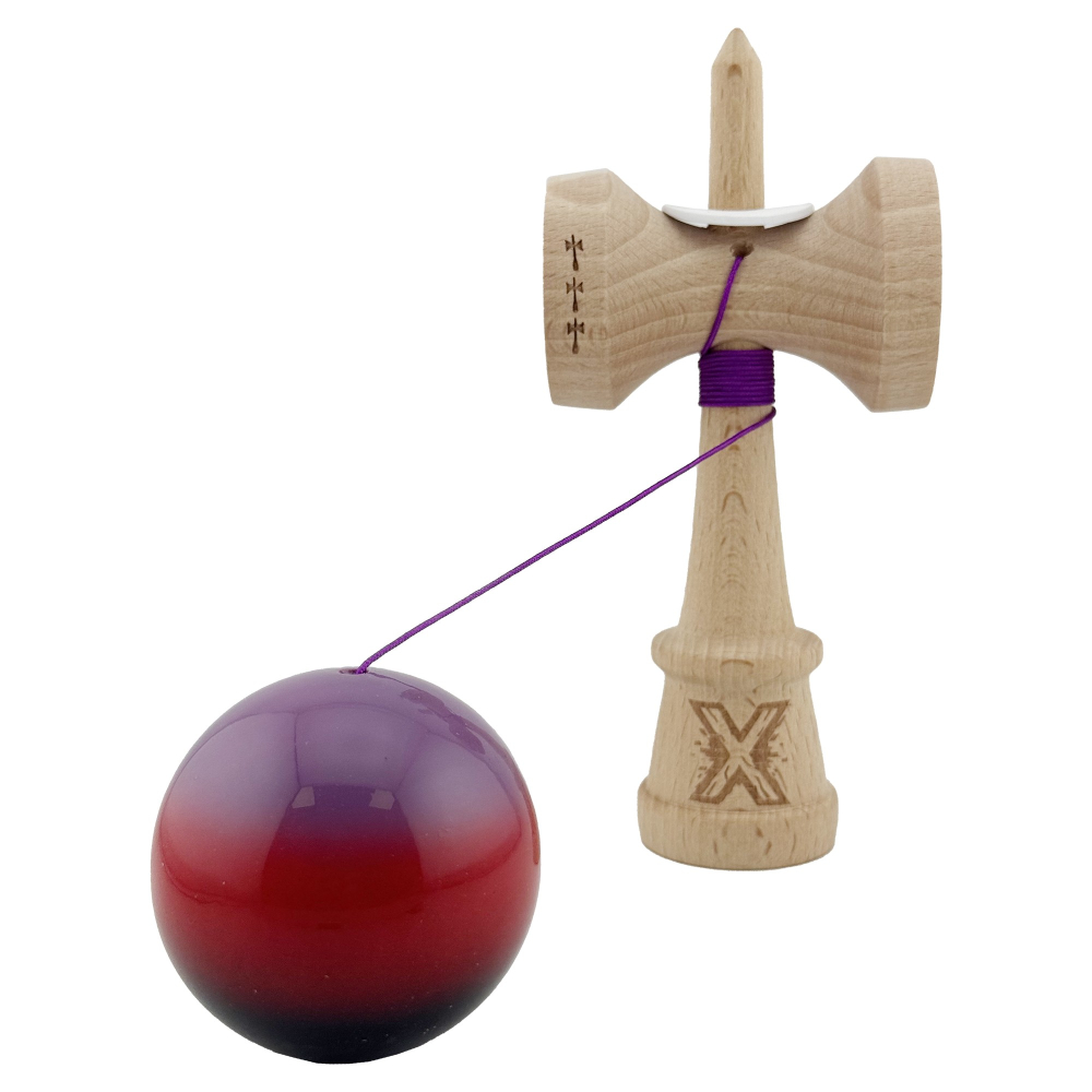 Kendama X Originala, Profesionala, Super Sticky cu Cupe Mari KING SIZE V3, Gaura in Baza, Rulment Metalic, din lemn 18 cm, Ata 62/65 cm, Gradient Mov/Rosu/Negru [4]