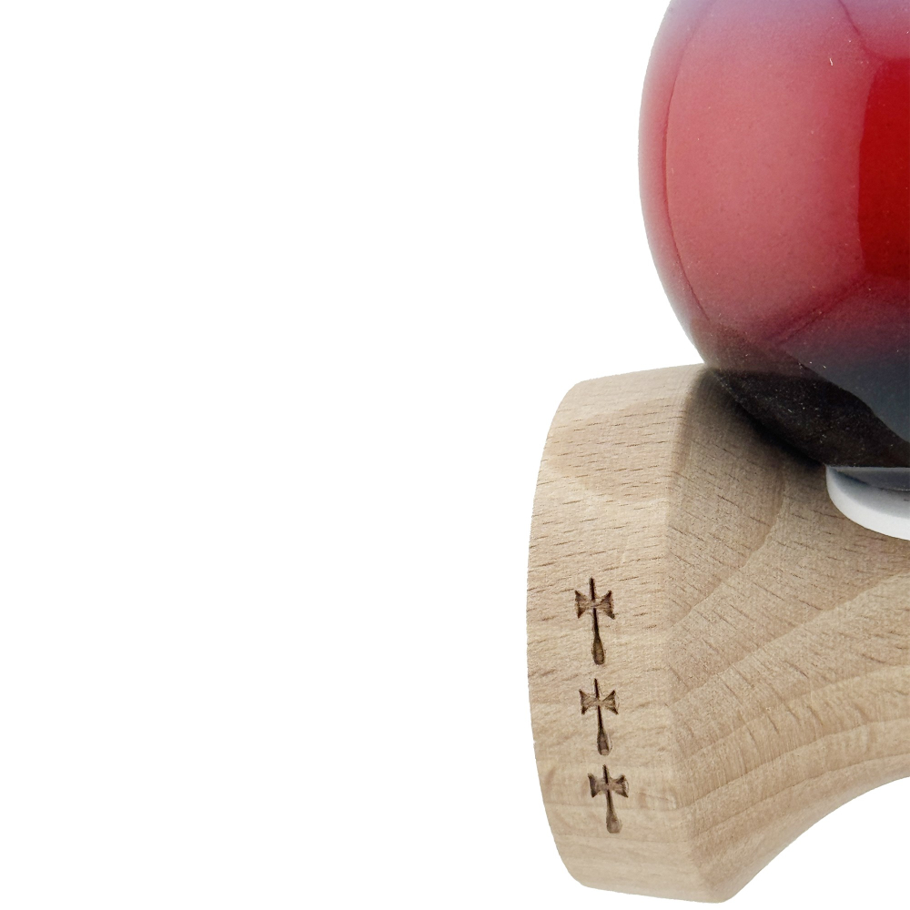 Kendama X Originala, Profesionala, Super Sticky cu Cupe Mari KING SIZE V3, Gaura in Baza, Rulment Metalic, din lemn 18 cm, Ata 62/65 cm, Gradient Mov/Rosu/Negru [8]