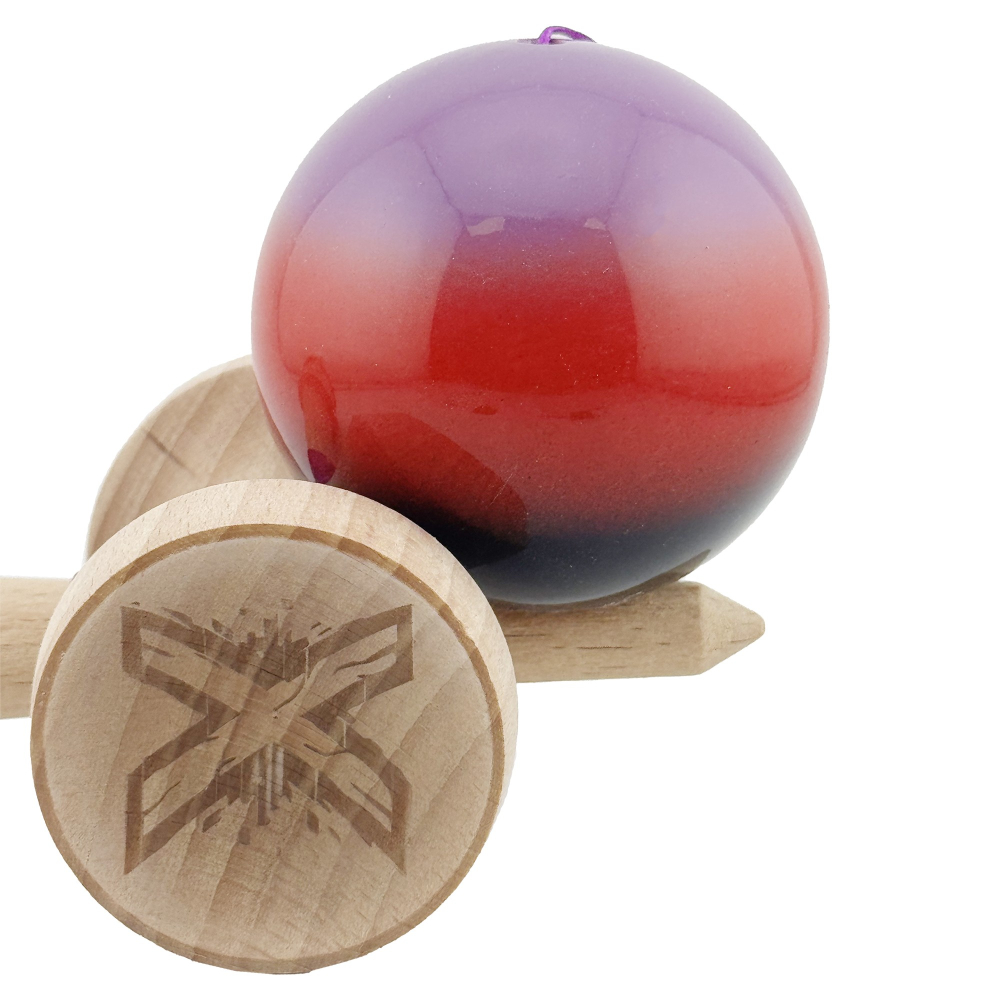 Kendama X Originala, Profesionala, Super Sticky cu Cupe Mari KING SIZE V3, Gaura in Baza, Rulment Metalic, din lemn 18 cm, Ata 62/65 cm, Gradient Mov/Rosu/Negru [9]