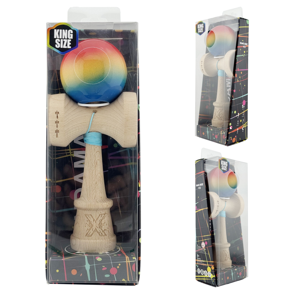 Kendama X Originala, Profesionala, Super Sticky cu Cupe Mari KING SIZE V3, Gaura in Baza, Rulment Metalic, din lemn 18 cm, Ata 62/65 cm, Gradient Rosu/Galben/Albastru [6]