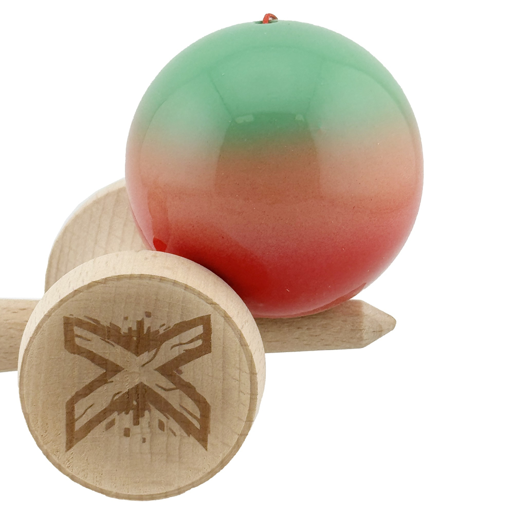 Kendama X Originala, Profesionala, Super Sticky cu Cupe Mari KING SIZE V3, Gaura in Baza, Rulment Metalic, din lemn 18 cm, Ata 62/65 cm, Gradient Verde/Portocaliu/Rosu [9]