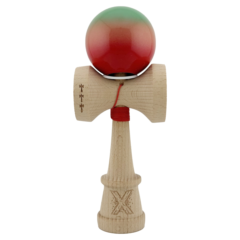 Kendama X Originala, Profesionala, Super Sticky cu Cupe Mari KING SIZE V3, Gaura in Baza, Rulment Metalic, din lemn 18 cm, Ata 62/65 cm, Gradient Verde/Portocaliu/Rosu [2]