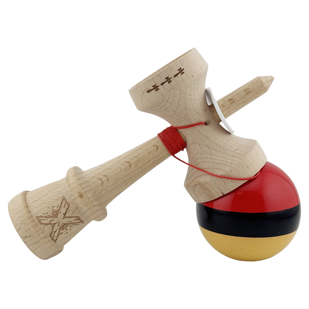 Kendama X Originala, Profesionala, Super Sticky cu Cupe Mari KING SIZE V3, Gaura in Baza, Rulment Metalic, din lemn 18 cm, Ata 62/65 cm, Rosu/Negru/Galben  [5]