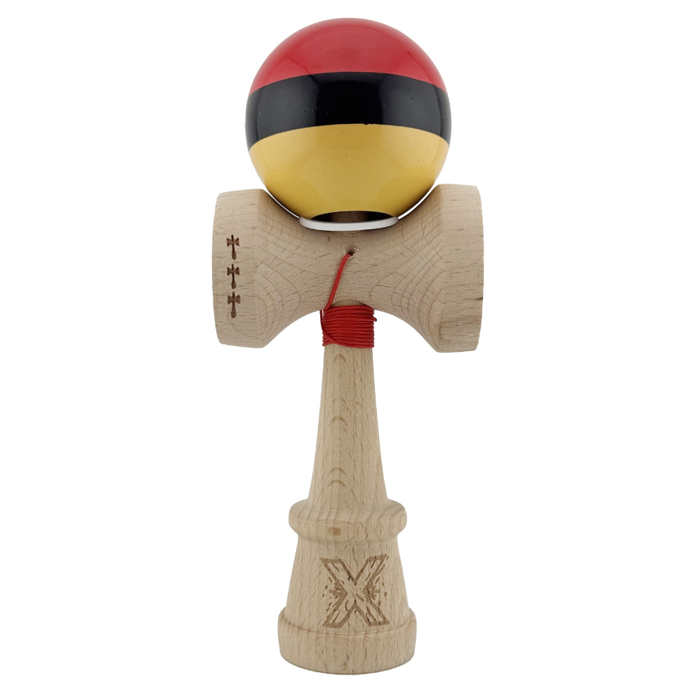 Kendama X Originala, Profesionala, Super Sticky cu Cupe Mari KING SIZE V3, Gaura in Baza, Rulment Metalic, din lemn 18 cm, Ata 62/65 cm, Rosu/Negru/Galben  [2]