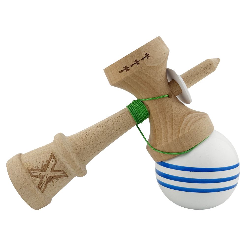 Kendama X Originala, Profesionala, Super Sticky cu Cupe Mari KING SIZE V3, Gaura in Baza, Rulment Metalic, din lemn 18 cm, Ata 62/65 cm, Special Alb/Albastru [5]
