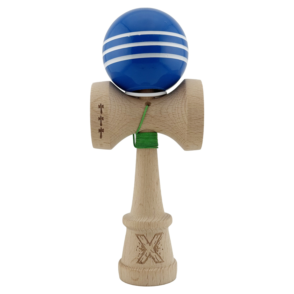 Kendama X Originala, Profesionala, Super Sticky cu Cupe Mari KING SIZE V3, Gaura in Baza, Rulment Metalic, din lemn 18 cm, Ata 62/65 cm, Special Albastru/Alb [2]