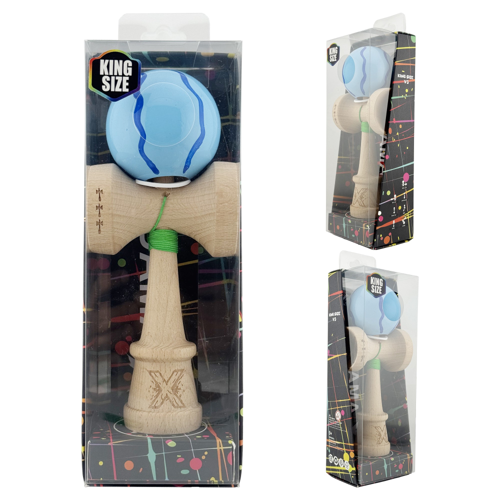 Kendama X Originala, Profesionala, Super Sticky cu Cupe Mari KING SIZE V3, Gaura in Baza, Rulment Metalic, din lemn 18 cm, Ata 62/65 cm, Special Albastru deschis [6]