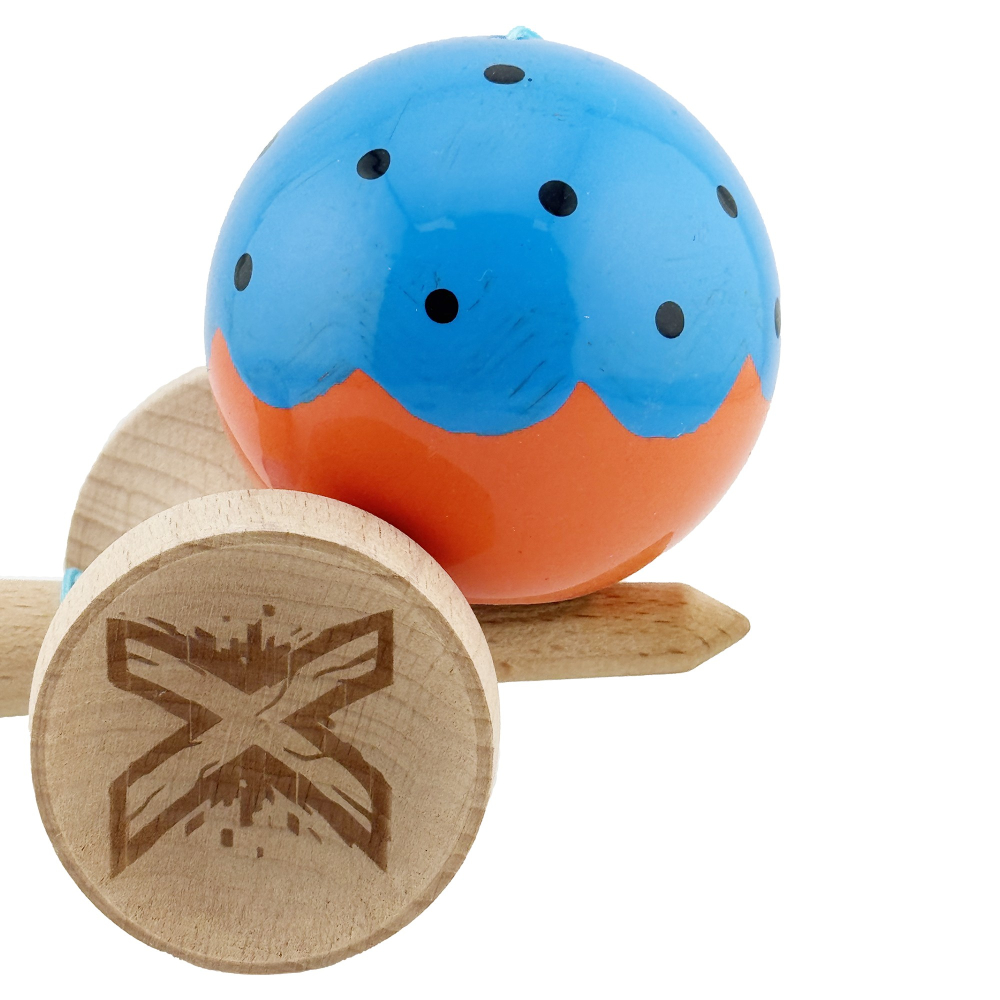 Kendama X Originala, Profesionala, Super Sticky cu Cupe Mari KING SIZE V3, Gaura in Baza, Rulment Metalic, din lemn 18 cm, Ata 62/65 cm, Special Albastru/Portocaliu [8]
