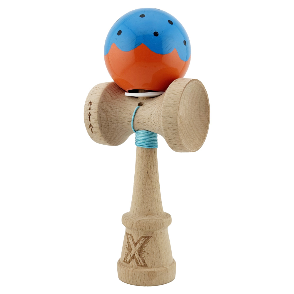 Kendama X Originala, Profesionala, Super Sticky cu Cupe Mari KING SIZE V3, Gaura in Baza, Rulment Metalic, din lemn 18 cm, Ata 62/65 cm, Special Albastru/Portocaliu [2]